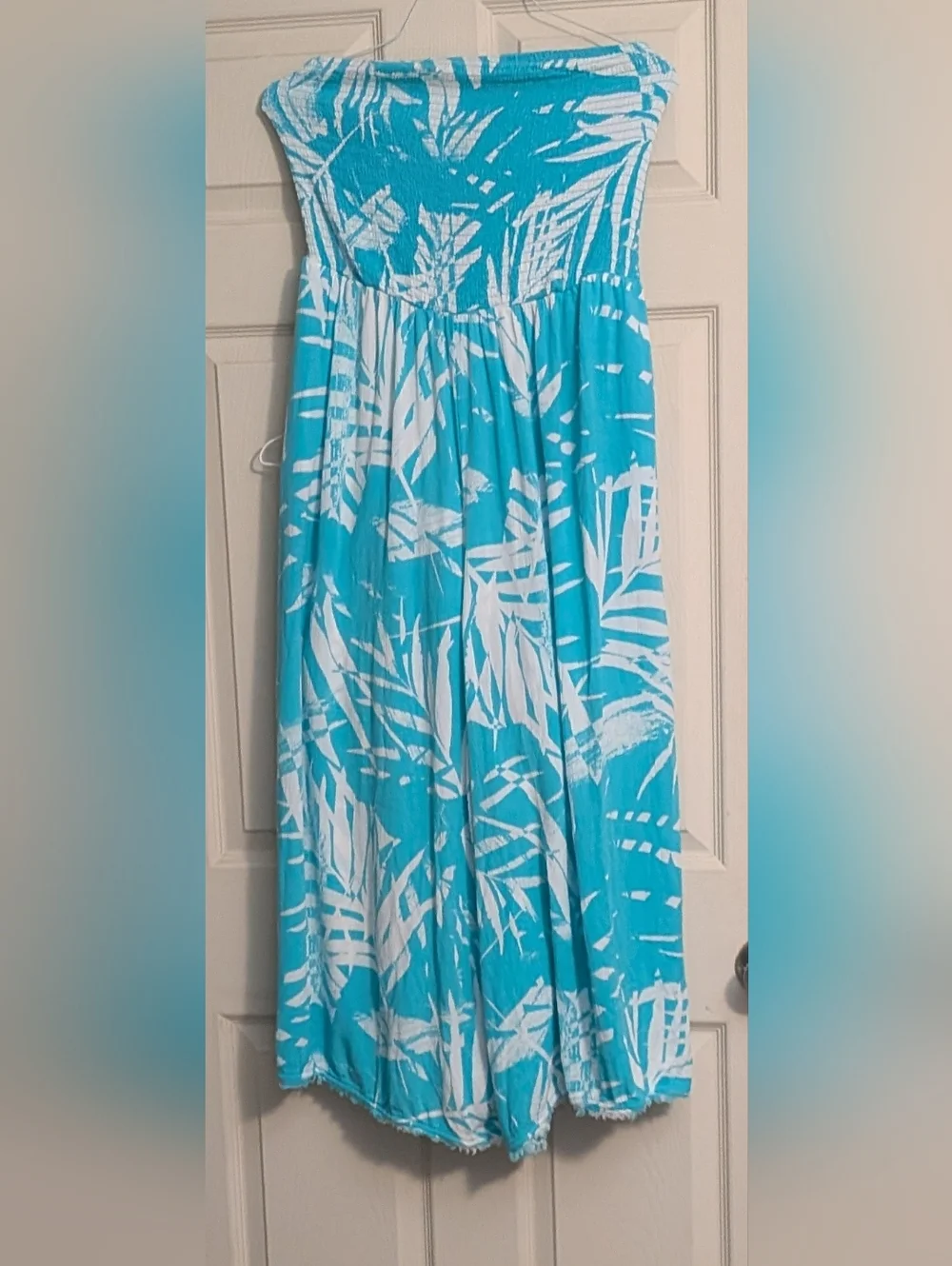 torrid Aqua and White Strapless Palm-Print Jumpsuit - Picture 2 of 9